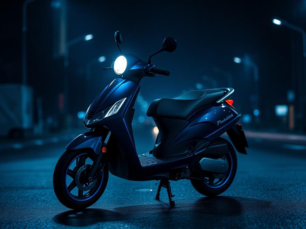 Mörkblå moped klass I parkerad i kvällsmörker